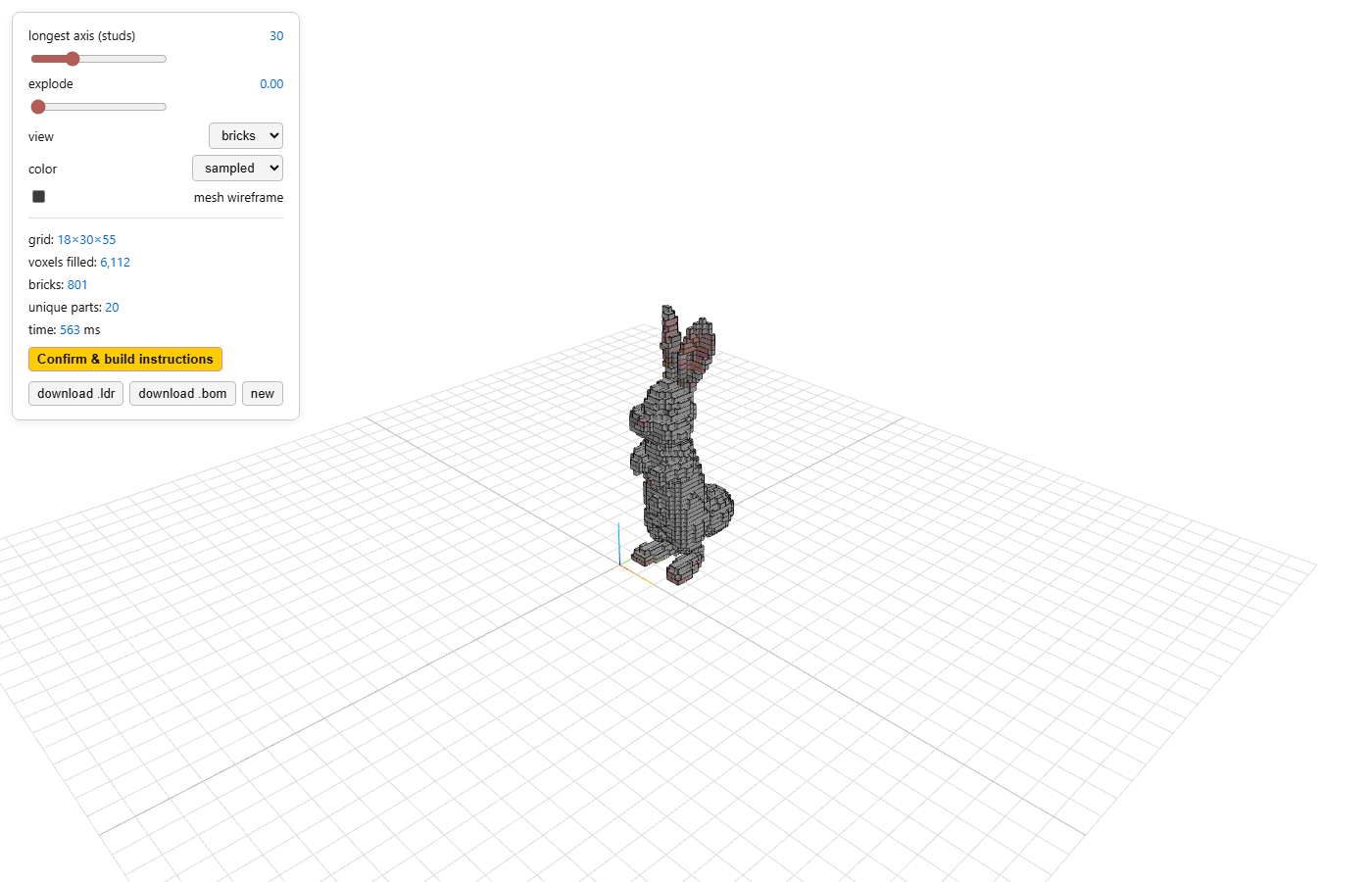 A charcoal LEGO rabbit with rosy ears, standing upright like a storybook figurine.