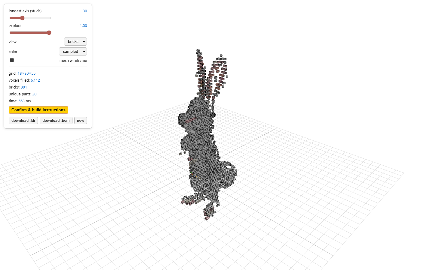 Exploded LEGO build view for a rabbit statue, showing how the form separates into buildable layers.